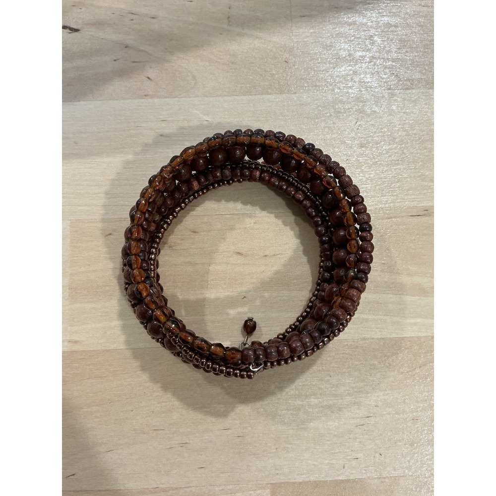 Brown Glass and Wood Bead‎ Memory Wire Tribal Style Wrap Bracelet